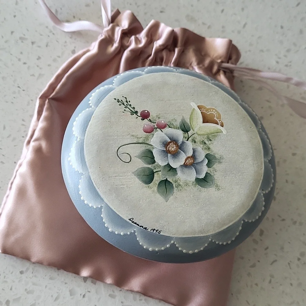 Vintage Hand-Painted Wooden Lid Glass Trinket Box – Signed & Dated 1995